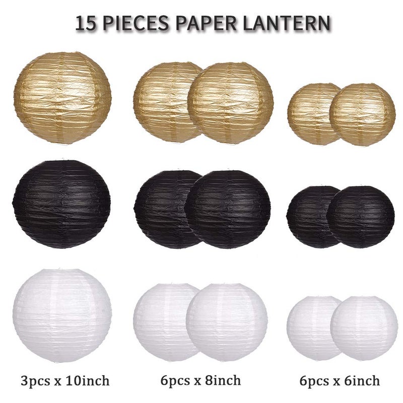 zilue Paper Lanterns Decorative, Round Hanging Paper Lanterns Decorations for Wedding Graduation Anniversary Birthday Party Supplies Black/Gold/White 15pcs - Image 2